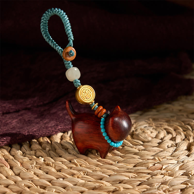 Porte-clés Buddha Stones Hetian Jade Bois de santal naturel Bois de santal rouge Bois de santal vert Caractère Fu Abondance