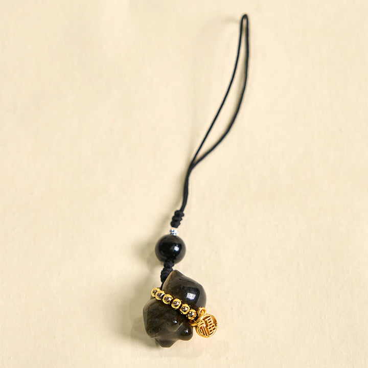 Buddha Stones Obsidienne argentée et brillante Obsidienne noire Obsidienne dorée et brillante Porte-clés de protection pour téléphone Motif chat mignon Fu - image 12