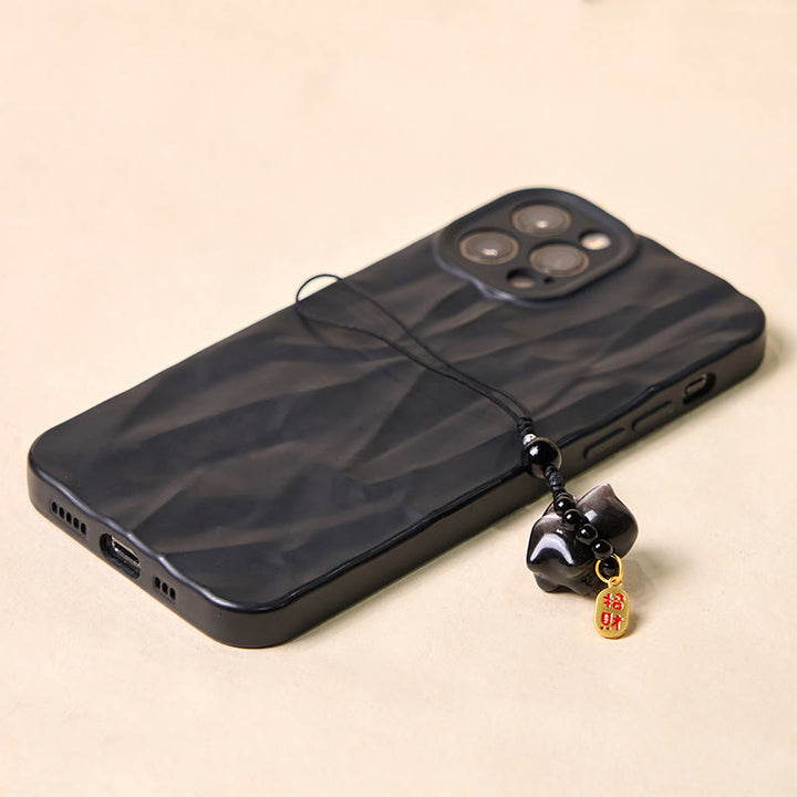 Buddha Stones Obsidienne argentée et brillante Obsidienne noire Obsidienne dorée et brillante Porte-clés de protection pour téléphone Motif chat mignon Fu