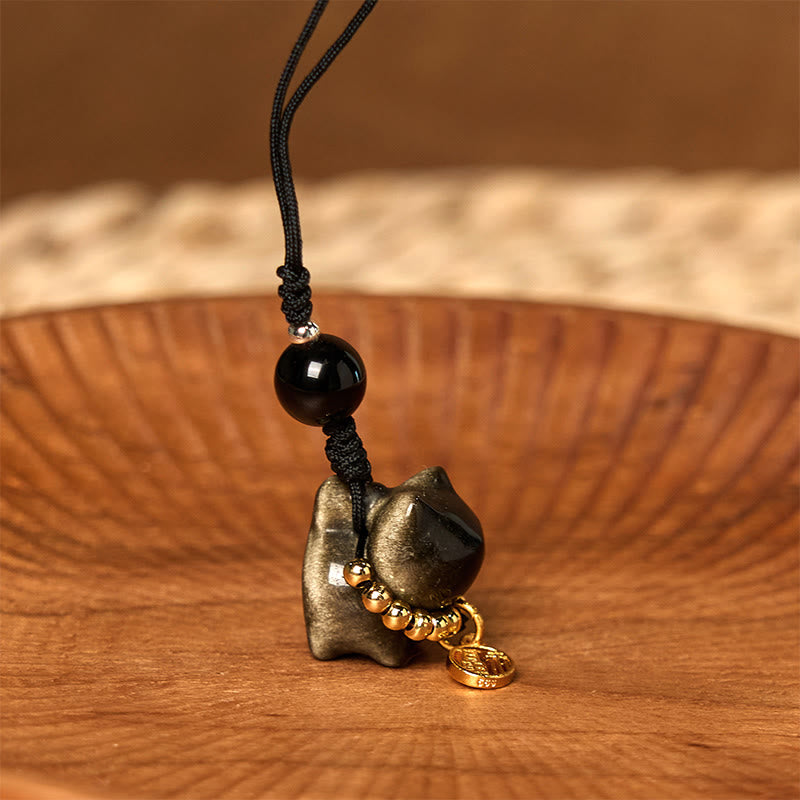 Buddha Stones Obsidienne argentée et brillante Obsidienne noire Obsidienne dorée et brillante Porte-clés de protection pour téléphone Motif chat mignon Fu - Décoration suspendue pour téléphone en obsidienne dorée - image 20