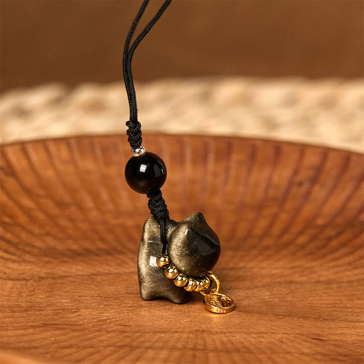 Buddha Stones Obsidienne argentée et brillante Obsidienne noire Obsidienne dorée et brillante Porte-clés de protection pour téléphone Motif chat mignon Fu - Décoration suspendue pour téléphone en obsidienne dorée - image 20