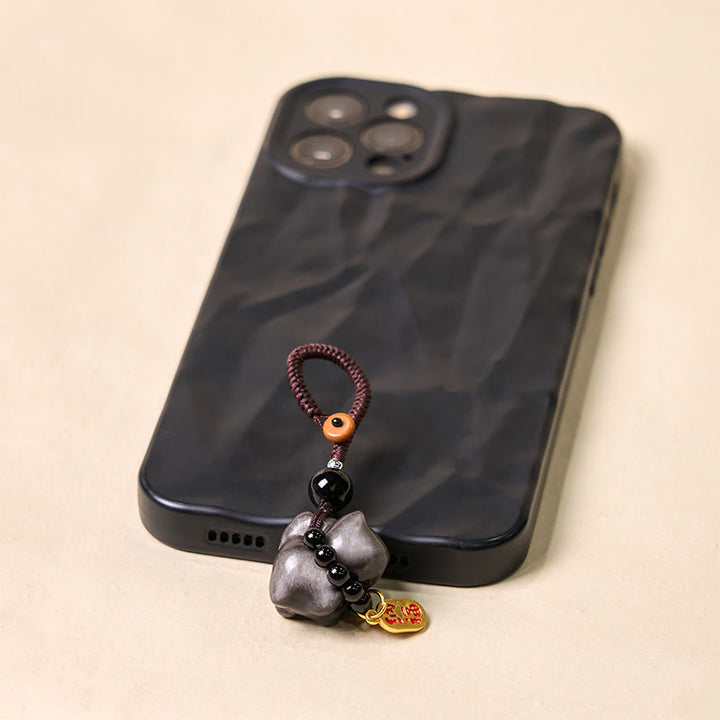 Buddha Stones Obsidienne argentée et brillante Obsidienne noire Obsidienne dorée et brillante Porte-clés de protection pour téléphone Motif chat mignon Fu - image 5