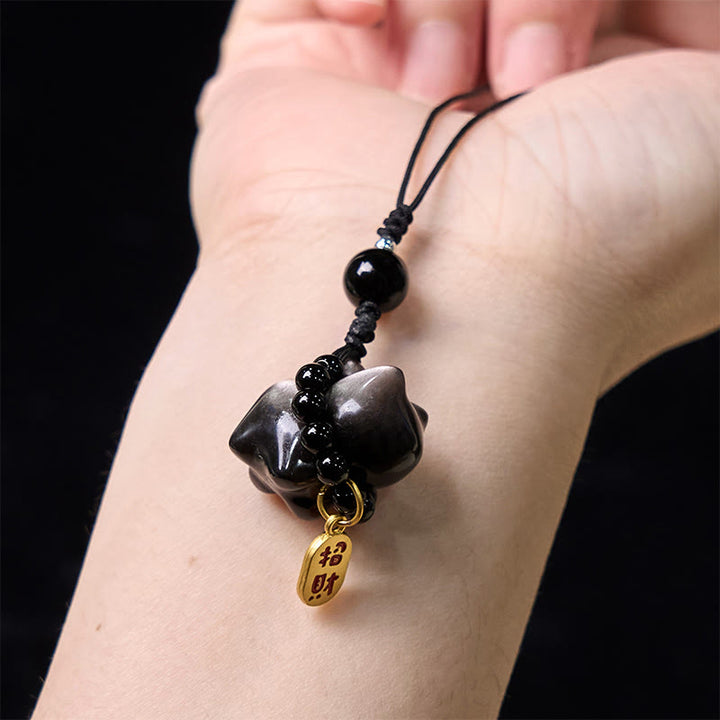 Buddha Stones Obsidienne argentée et brillante Obsidienne noire Obsidienne dorée et brillante Porte-clés de protection pour téléphone Motif chat mignon Fu - image 16