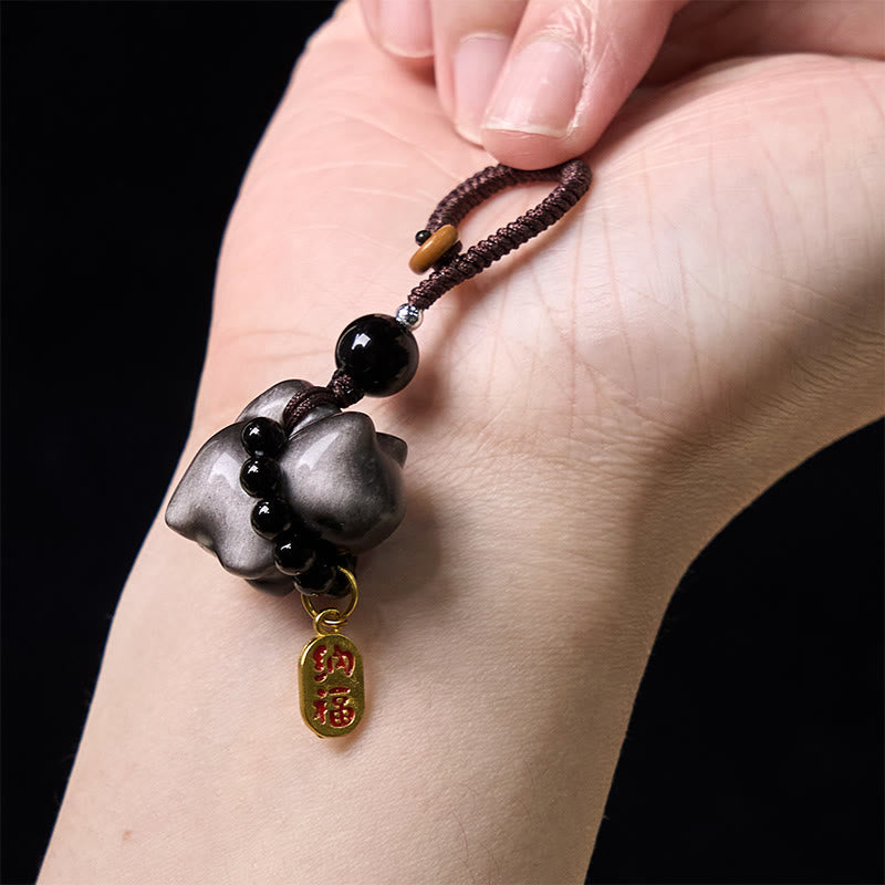 Buddha Stones Obsidienne argentée et brillante Obsidienne noire Obsidienne dorée et brillante Porte-clés de protection pour téléphone Motif chat mignon Fu - image 4