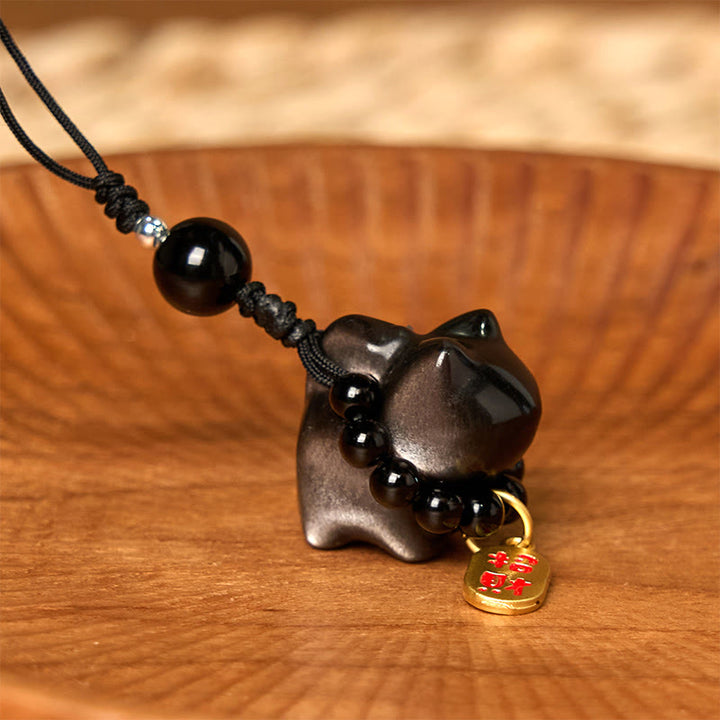 Buddha Stones Obsidienne argentée et brillante Obsidienne noire Obsidienne dorée et brillante Porte-clés de protection pour téléphone Motif chat mignon Fu - image 15