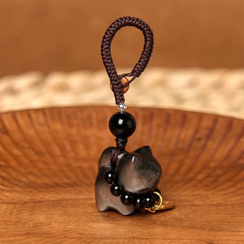 Buddha Stones Obsidienne argentée et brillante Obsidienne noire Obsidienne dorée et brillante Porte-clés de protection pour téléphone Motif chat mignon Fu - image 3