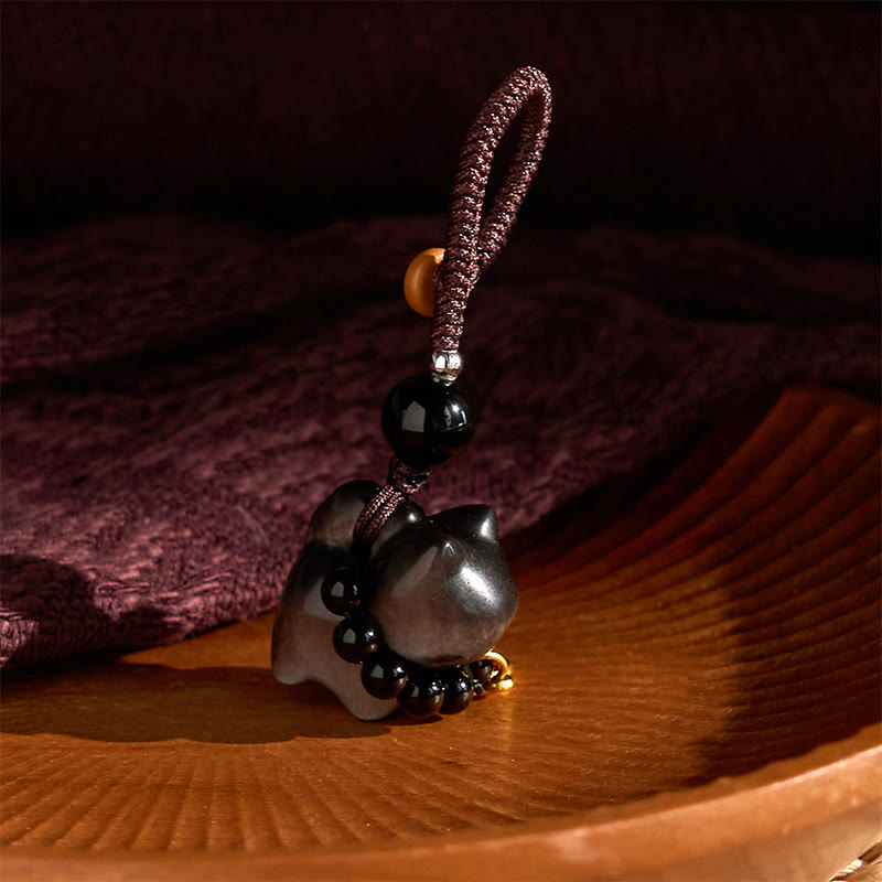 Buddha Stones Obsidienne argentée et brillante Obsidienne noire Obsidienne dorée et brillante Porte-clés de protection pour téléphone Motif chat mignon Fu - image 9