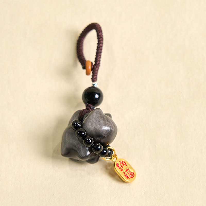 Buddha Stones Obsidienne argentée et brillante Obsidienne noire Obsidienne dorée et brillante Porte-clés de protection pour téléphone Motif chat mignon Fu - image 2