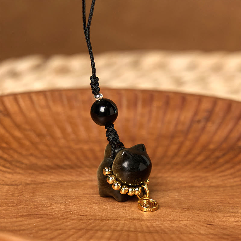 Buddha Stones Obsidienne argentée et brillante Obsidienne noire Obsidienne dorée et brillante Porte-clés de protection pour téléphone Motif chat mignon Fu - image 14