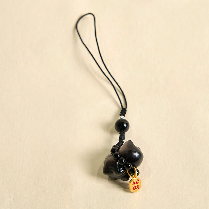 Buddha Stones Obsidienne argentée et brillante Obsidienne noire Obsidienne dorée et brillante Porte-clés de protection pour téléphone Motif chat mignon Fu - image 13