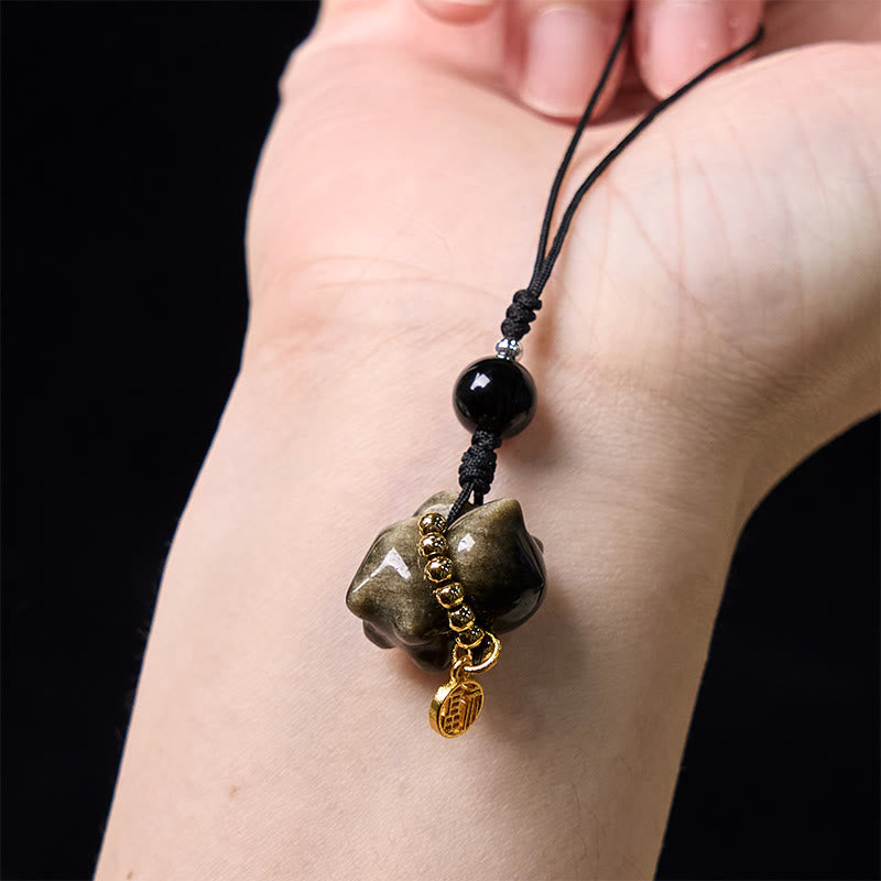 Buddha Stones Obsidienne argentée et brillante Obsidienne noire Obsidienne dorée et brillante Porte-clés de protection pour téléphone Motif chat mignon Fu - image 21