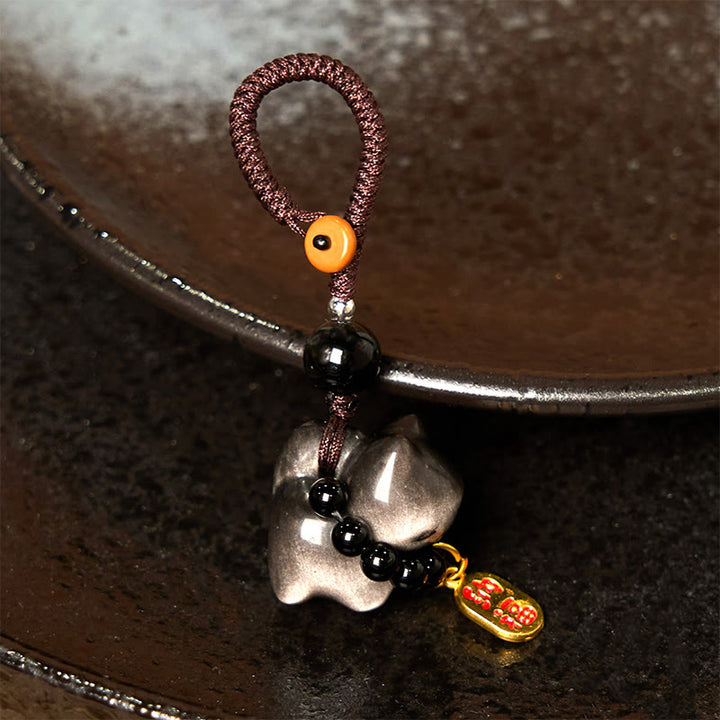 Buddha Stones Obsidienne argentée et brillante Obsidienne noire Obsidienne dorée et brillante Porte-clés de protection pour téléphone Motif chat mignon Fu - image 10