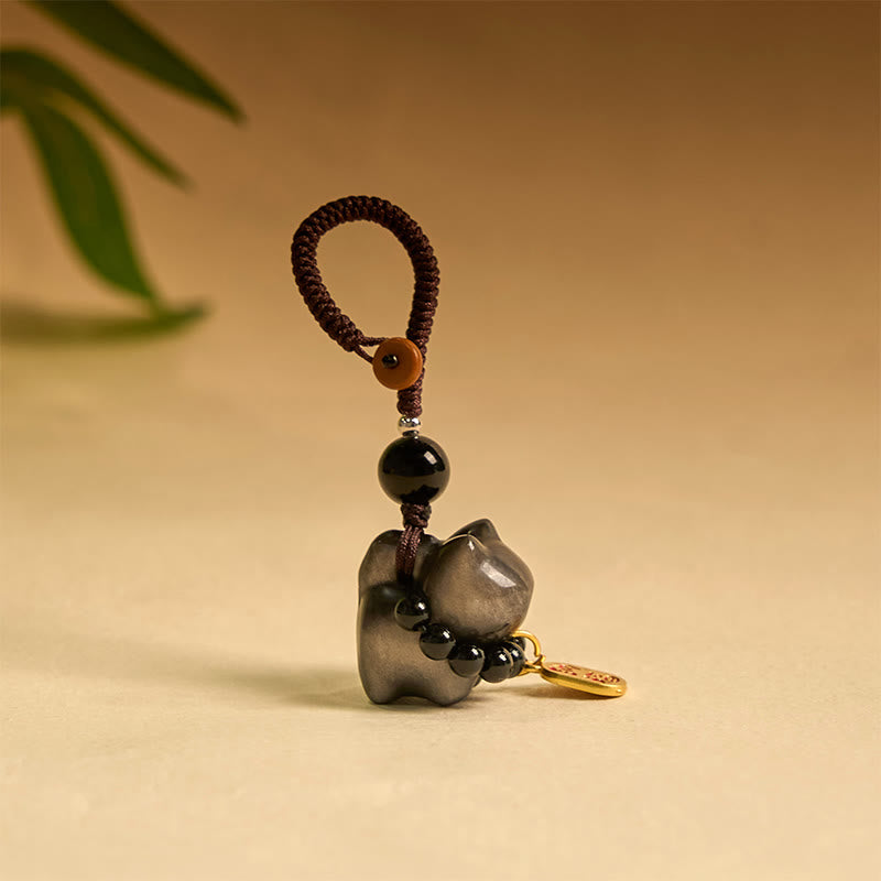 Buddha Stones Obsidienne argentée et brillante Obsidienne noire Obsidienne dorée et brillante Porte-clés de protection pour téléphone Motif chat mignon Fu - Porte-clés en obsidienne argentée - image 1