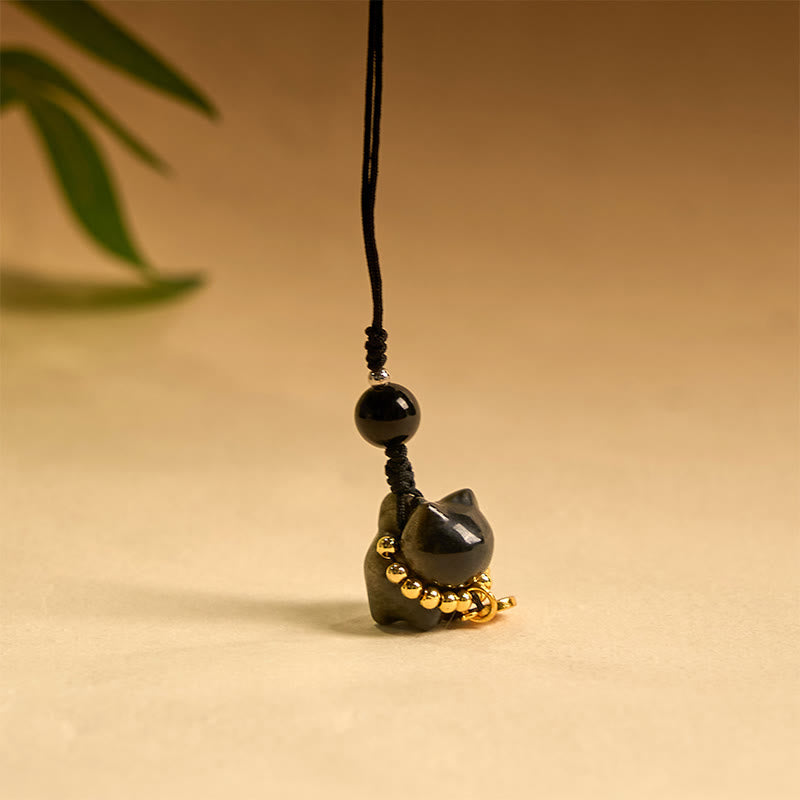 Buddha Stones Obsidienne argentée et brillante Obsidienne noire Obsidienne dorée et brillante Porte-clés de protection pour téléphone Motif chat mignon Fu - image 19