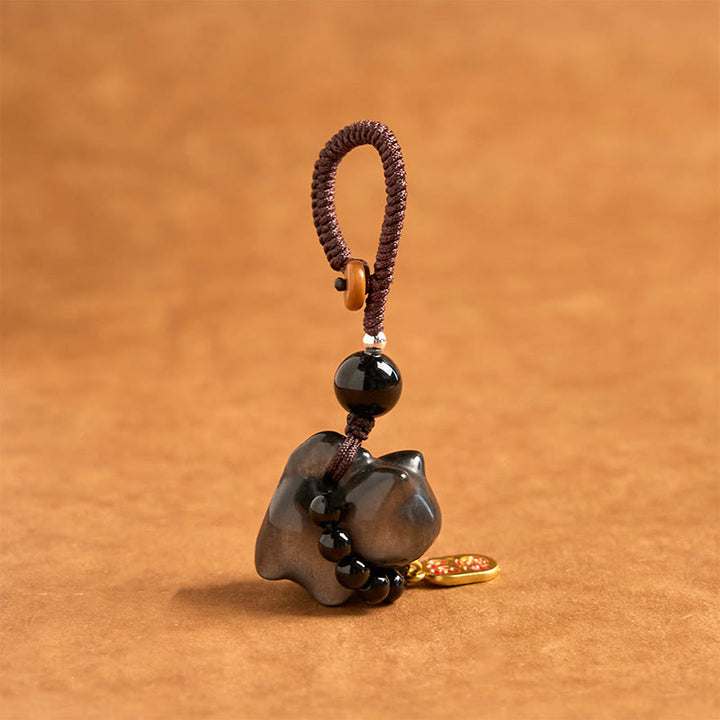 Buddha Stones Obsidienne argentée et brillante Obsidienne noire Obsidienne dorée et brillante Porte-clés de protection pour téléphone Motif chat mignon Fu - image 8