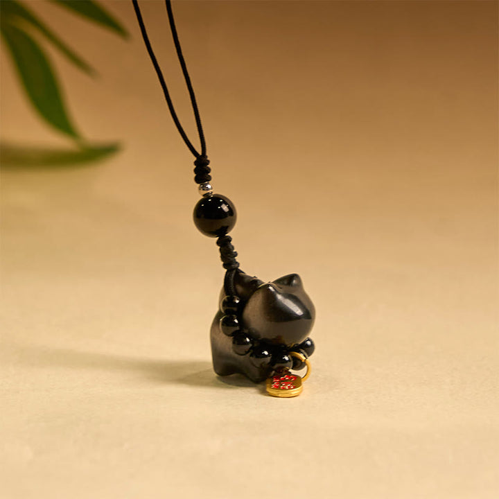 Buddha Stones Obsidienne argentée et brillante Obsidienne noire Obsidienne dorée et brillante Porte-clés de protection pour téléphone Motif chat mignon Fu - Décoration suspendue pour téléphone en obsidienne argentée - image 11