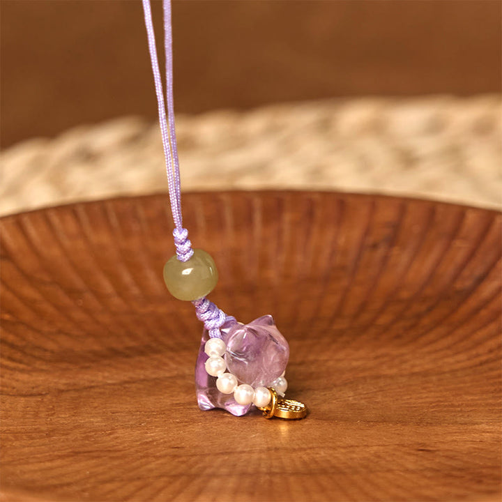 Buddha Stones en cristal rose, améthyste, citrine, perle, personnage Fu, chaton porte-bonheur, décoration à suspendre pour téléphone