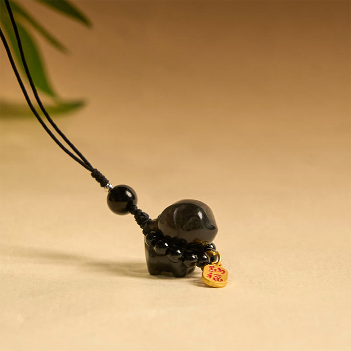 Collier de protection en obsidienne argentée et brillante, motif chiot Fu, décoration pour téléphone