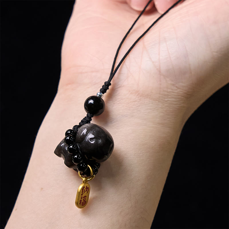Collier de protection en obsidienne argentée et brillante, motif chiot Fu, décoration pour téléphone