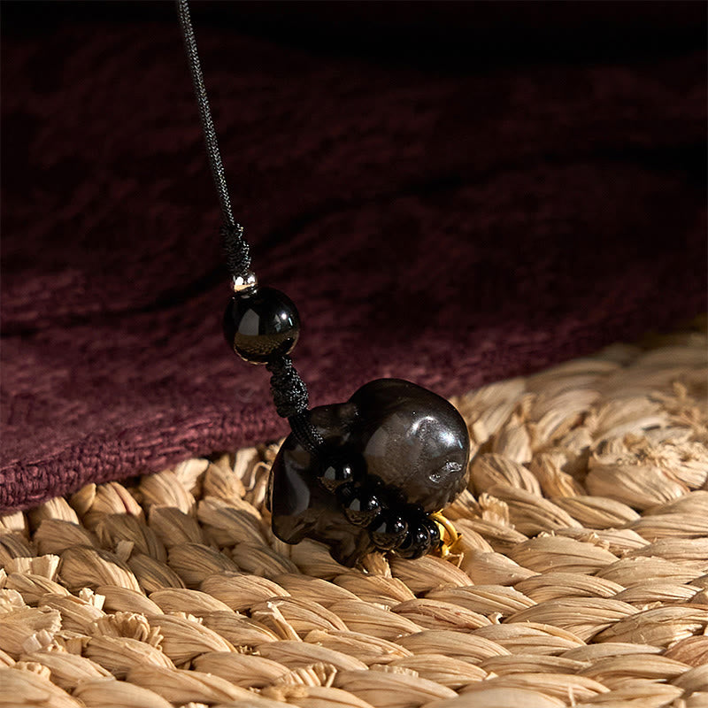 Collier de protection en obsidienne argentée et brillante, motif chiot Fu, décoration pour téléphone
