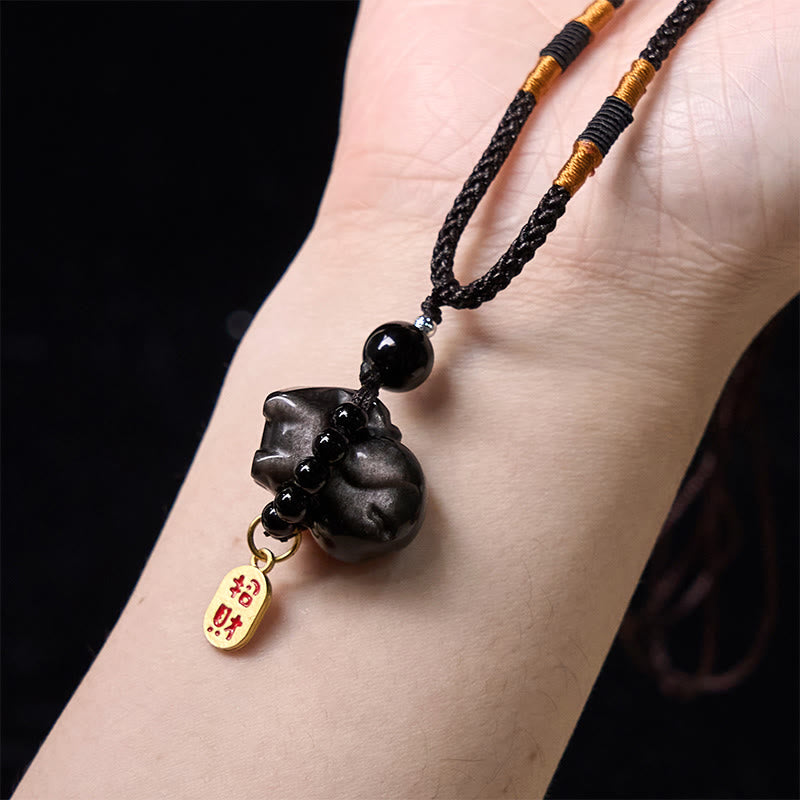 Collier de protection en obsidienne argentée et brillante, motif chiot Fu, décoration pour téléphone