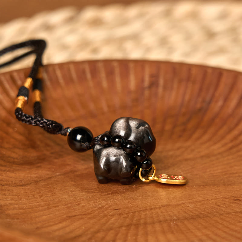 Collier de protection en obsidienne argentée et brillante, motif chiot Fu, décoration pour téléphone