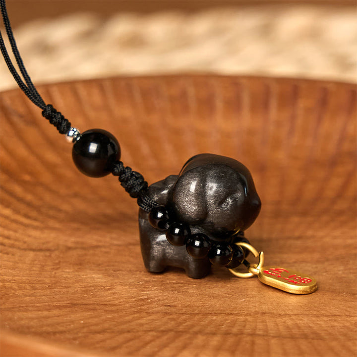 Collier de protection en obsidienne argentée et brillante, motif chiot Fu, décoration pour téléphone