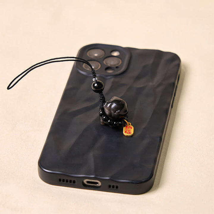 Collier de protection en obsidienne argentée et brillante, motif chiot Fu, décoration pour téléphone