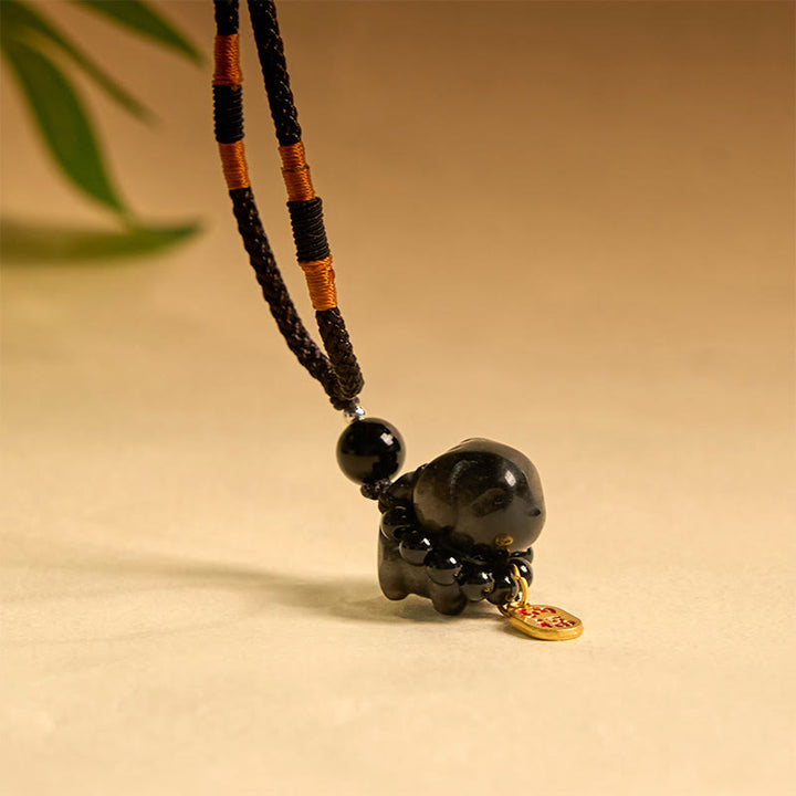 Collier de protection en obsidienne argentée et brillante, motif chiot Fu, décoration pour téléphone
