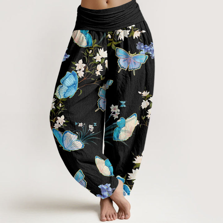 Pantalon sarouel décontracté à taille élastique pour femme avec motif papillon et fleur Buddha Stones - Noir - US22，UK/AU26，EU54 (6XL) - image 1