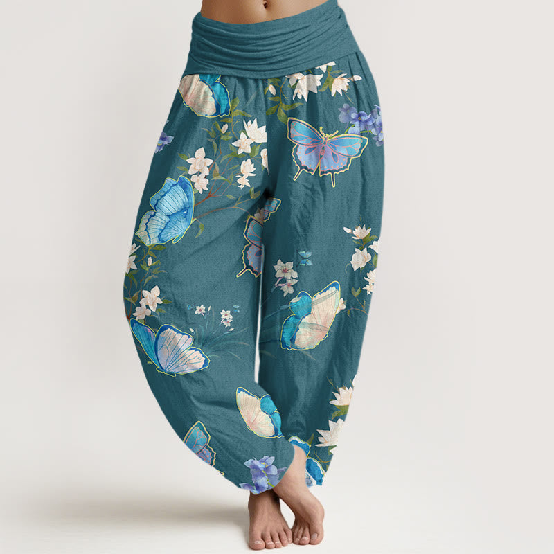 Pantalon sarouel décontracté à taille élastique pour femme avec motif papillon et fleur Buddha Stones - Cyan foncé - US22，UK/AU26，EU54 (6XL) - image 5