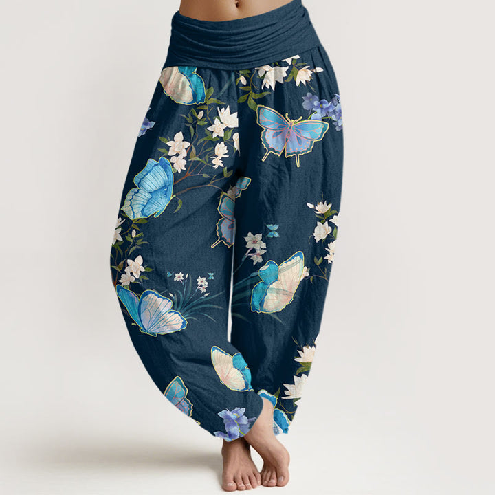 Pantalon sarouel décontracté à taille élastique pour femme avec motif papillon et fleur Buddha Stones - Bleu nuit - US22，UK/AU26，EU54 (6XL) - image 8
