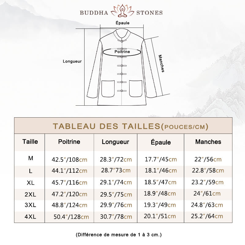 Chemise à manches longues et pantalon pour homme avec boutons de grenouille et Buddha Stones