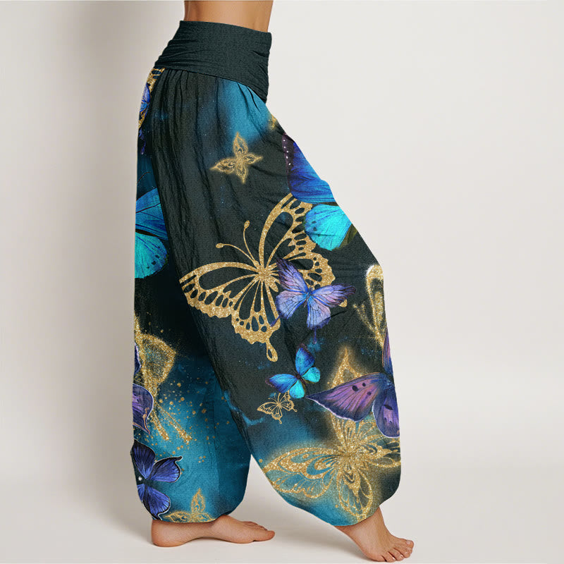 Pantalon sarouel décontracté à taille élastique pour femme avec motif papillon doré et Buddha Stones - image 1