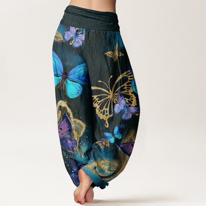 Pantalon sarouel décontracté à taille élastique pour femme avec motif papillon doré et Buddha Stones - image 2