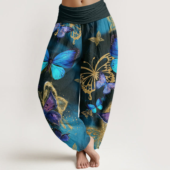 Pantalon harem décontracté en coton à motif papillon doré et Buddha Stones, taille élastique pour femme - Gris ardoise foncé - US22，UK/AU26，EU54 (6XL) - image 0