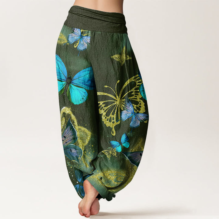 Pantalon sarouel décontracté à taille élastique pour femme avec motif papillon doré et Buddha Stones - image 6