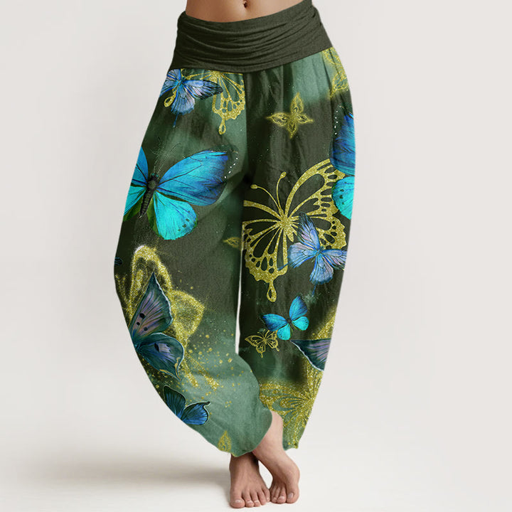 Pantalon sarouel décontracté à taille élastique pour femme avec motif papillon doré et Buddha Stones - Vert foncé - US22，UK/AU26，EU54 (6XL) - image 4