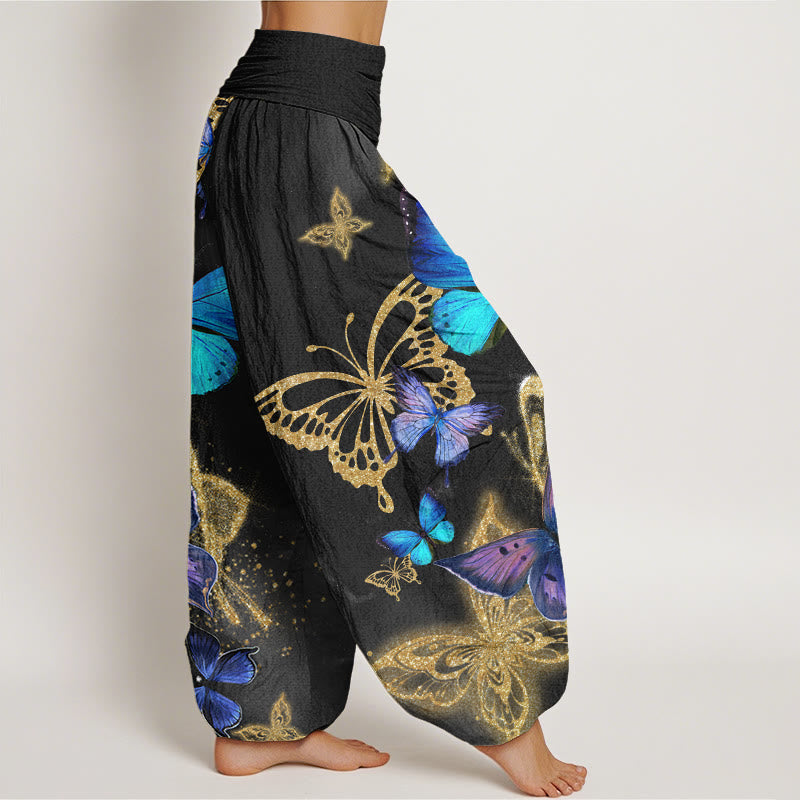 Pantalon sarouel décontracté à taille élastique pour femme avec motif papillon doré et Buddha Stones - image 9