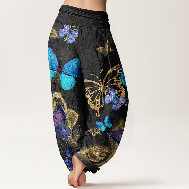 Pantalon sarouel décontracté à taille élastique pour femme avec motif papillon doré et Buddha Stones - image 9
