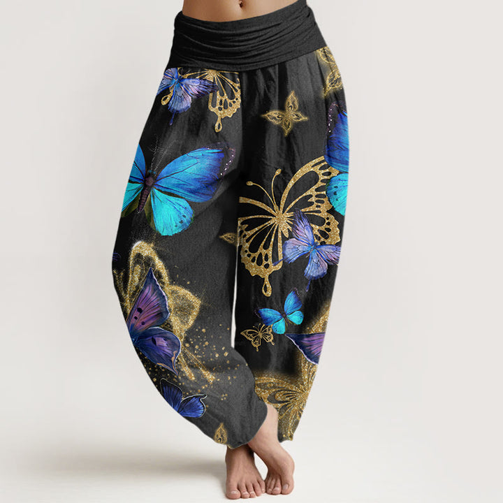 Pantalon sarouel décontracté à taille élastique pour femme avec motif papillon doré et Buddha Stones - Noir - US22，UK/AU26，EU54 (6XL) - image 8