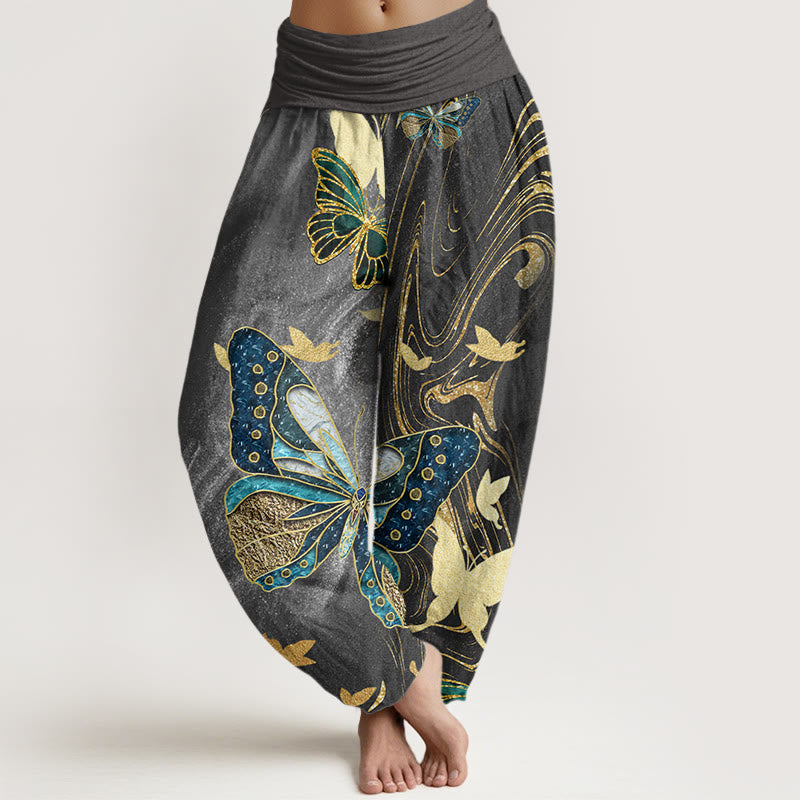 Pantalon sarouel décontracté à taille élastique pour femme avec motif papillon doré et Buddha Stones