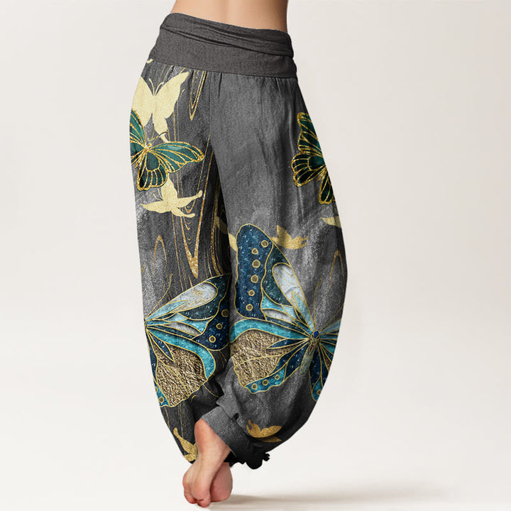 Pantalon sarouel décontracté à taille élastique pour femme avec motif papillon doré et Buddha Stones - image 3