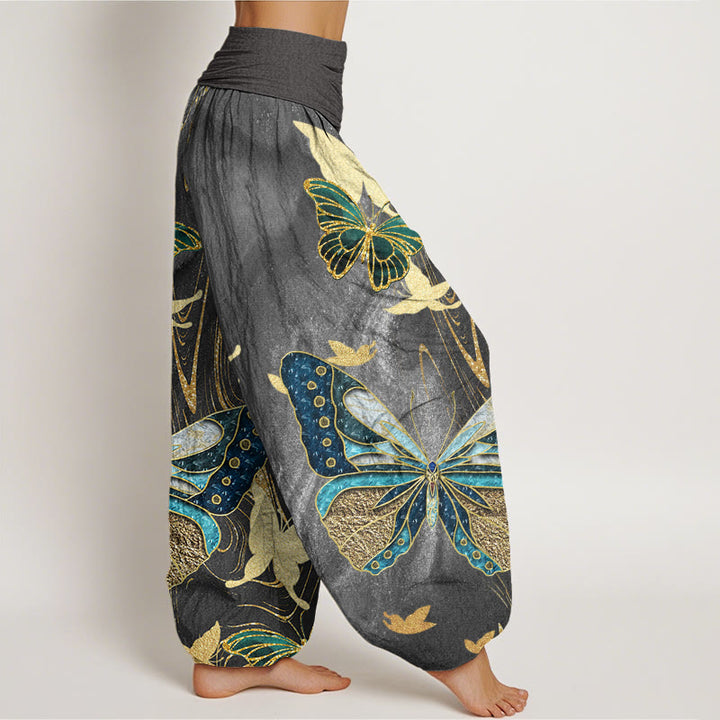 Pantalon sarouel décontracté à taille élastique pour femme avec motif papillon doré et Buddha Stones