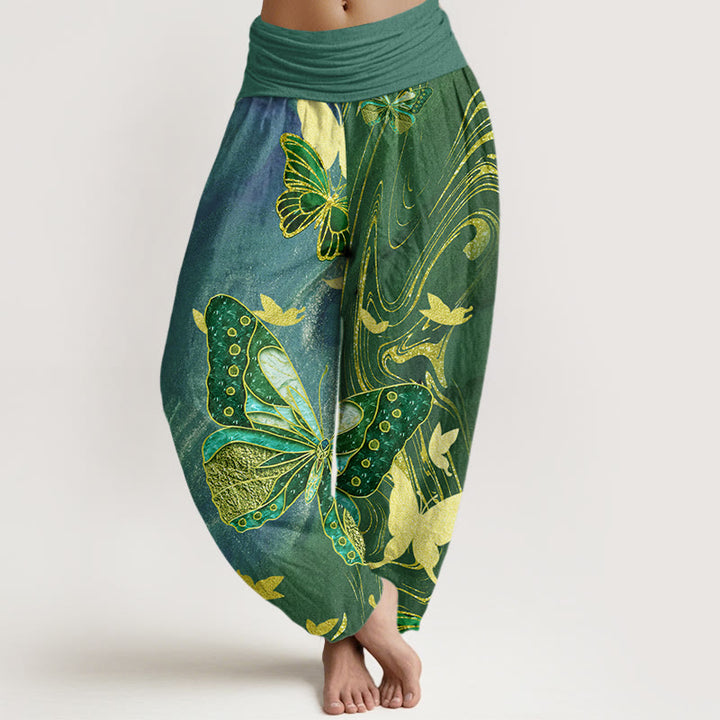 Pantalon sarouel décontracté à taille élastique pour femme avec motif papillon doré et Buddha Stones