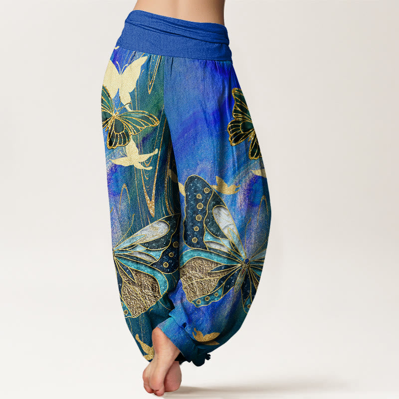 Pantalon sarouel décontracté à taille élastique pour femme avec motif papillon doré et Buddha Stones