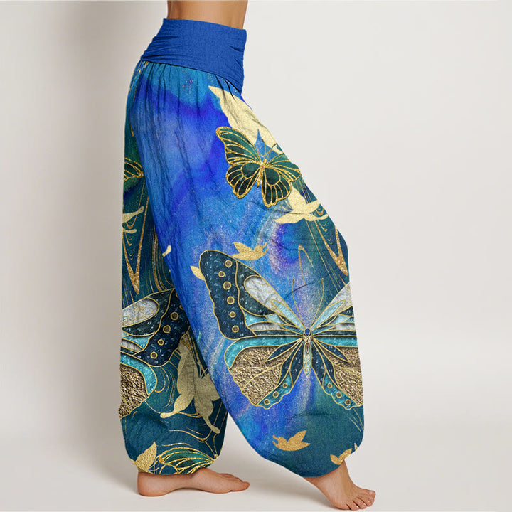 Pantalon harem femme en coton décontracté à motif papillon et lignes dorées et Buddha Stones, taille élastique - image 8