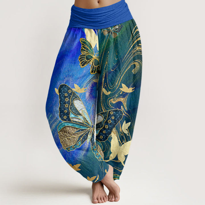 Pantalon sarouel décontracté à taille élastique pour femme avec motif papillon doré et Buddha Stones