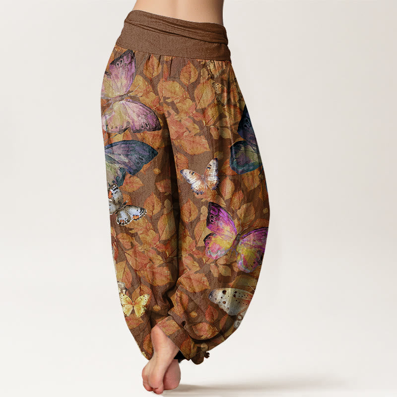 Pantalon Buddha Stones décontracté à taille élastique pour femme, motif papillon et feuilles mortes - image 3