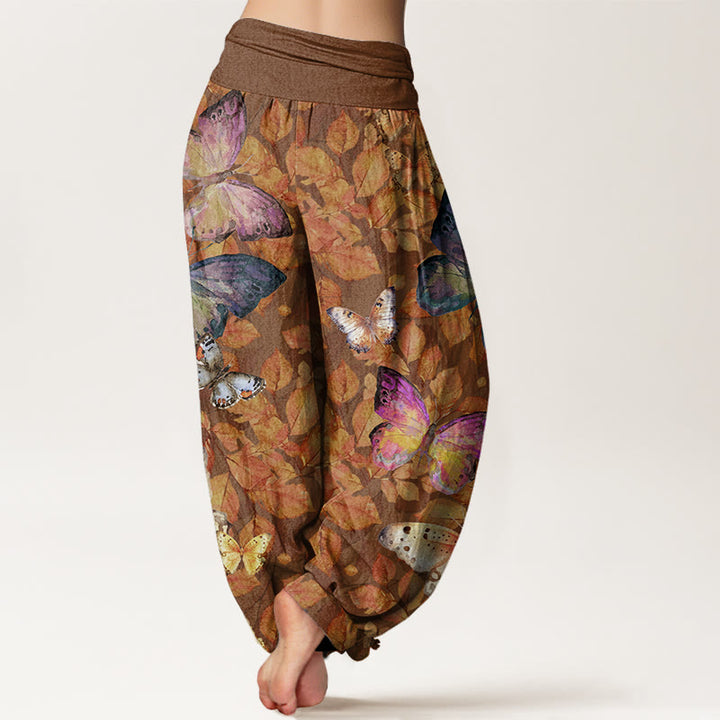 Pantalon Buddha Stones décontracté à taille élastique pour femme, motif papillon et feuilles mortes - image 3